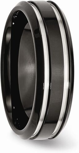 Stainless Steel Black IP-Plated Grooved and 7mm Wedding Band Ring in Saudi Arabia