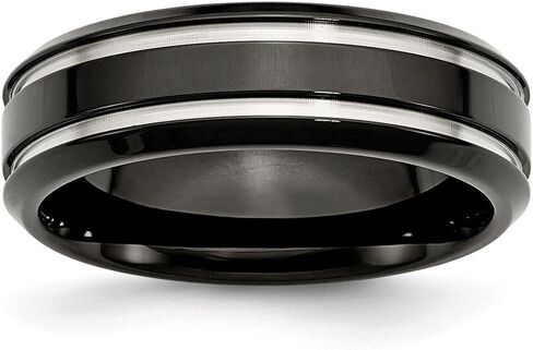 Stainless Steel Black IP-Plated Grooved and 7mm Wedding Band Ring in Saudi Arabia