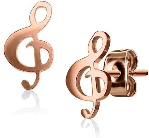 Pair of Hand Polished Music Note Treble Clef Stainless Steel Earring Studs Gift for Music Lover (Rose Gold Tone IP Steel) in Saudi Arabia