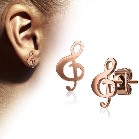 Pair of Hand Polished Music Note Treble Clef Stainless Steel Earring Studs Gift for Music Lover (Rose Gold Tone IP Steel) in Saudi Arabia