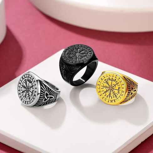 FaithHeart Viking Vegvisir Pirate Compass Rings, Stainless Steel/18K Gold Plated Norse Symbol Vintage Jewelry Personalized Custom in Kuwait
