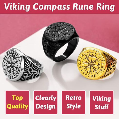 FaithHeart Viking Vegvisir Pirate Compass Rings, Stainless Steel/18K Gold Plated Norse Symbol Vintage Jewelry Personalized Custom in Kuwait
