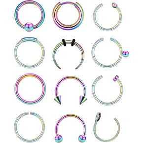 YOFANST 12 قطعة من حلقات الحاجز 16 جرام 18 جرام 20 جرام من الفولاذ المقاوم للصدأ الهلال Pincher C شكل الجاموس حدوة الحصان الحاجز الأنف خواتم الأطواق in Kuwait