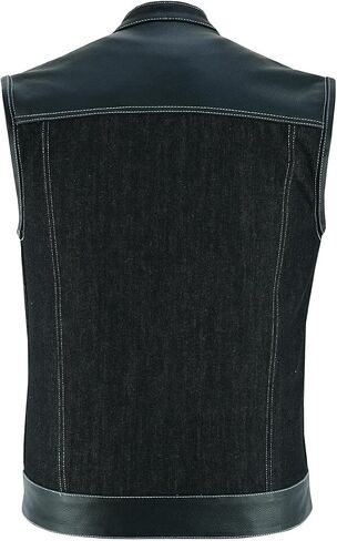 Mens Motorcycle Denim Leather Combo Club Collar Vest with White Stitching Light Weight in Saudi Arabia