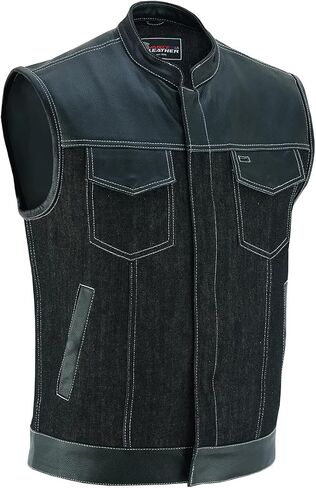 Mens Motorcycle Denim Leather Combo Club Collar Vest with White Stitching Light Weight in Saudi Arabia