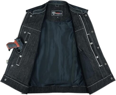 Mens Motorcycle Denim Leather Combo Club Collar Vest with White Stitching Light Weight in Saudi Arabia