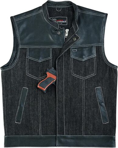 Mens Motorcycle Denim Leather Combo Club Collar Vest with White Stitching Light Weight in Saudi Arabia