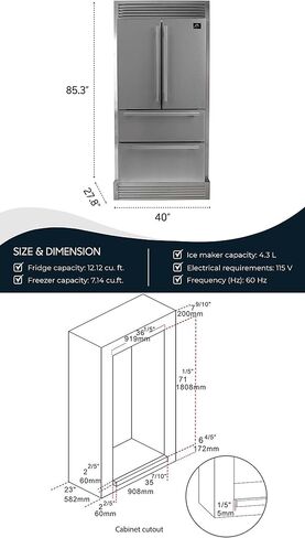 FORNO Moena 40 in. with Decorative Grill Alta Qualita Refrigerator 19.2 cu.ft French Door Stainless Steel with Ice Maker in Kuwait