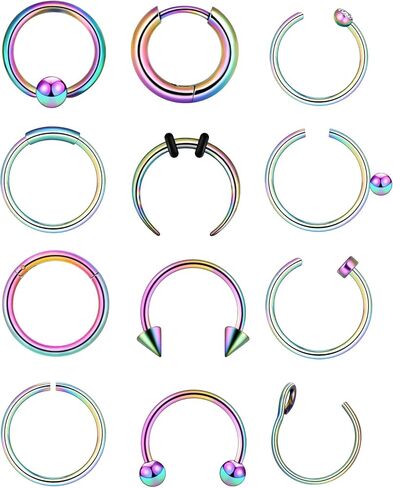 YOFANST 12 قطعة من حلقات الحاجز 16 جرام 18 جرام 20 جرام من الفولاذ المقاوم للصدأ الهلال Pincher C شكل الجاموس حدوة الحصان الحاجز الأنف خواتم الأطواق in Kuwait