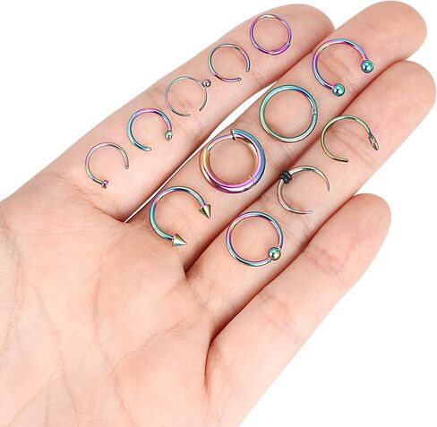 YOFANST 12 قطعة من حلقات الحاجز 16 جرام 18 جرام 20 جرام من الفولاذ المقاوم للصدأ الهلال Pincher C شكل الجاموس حدوة الحصان الحاجز الأنف خواتم الأطواق in Kuwait