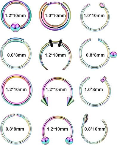 YOFANST 12 قطعة من حلقات الحاجز 16 جرام 18 جرام 20 جرام من الفولاذ المقاوم للصدأ الهلال Pincher C شكل الجاموس حدوة الحصان الحاجز الأنف خواتم الأطواق in Kuwait
