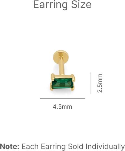 14k Solid Gold Baguette Cut Emerald Ruby Gemstone CZ Solitaire Stud Earrings Piercing Internally Threaded Cartilage Tragus Helix Conch Stud Screw On Flat Back Piercing Jewelry for Women Men Girls VVS1 in Kuwait