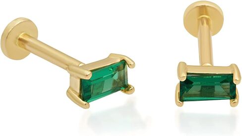 14k Solid Gold Baguette Cut Emerald Ruby Gemstone CZ Solitaire Stud Earrings Piercing Internally Threaded Cartilage Tragus Helix Conch Stud Screw On Flat Back Piercing Jewelry for Women Men Girls VVS1 in Kuwait