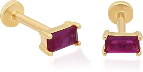 14k Solid Gold Baguette Cut Emerald Ruby Gemstone CZ Solitaire Stud Earrings Piercing Internally Threaded Cartilage Tragus Helix Conch Stud Screw On Flat Back Piercing Jewelry for Women Men Girls VVS1 in Kuwait
