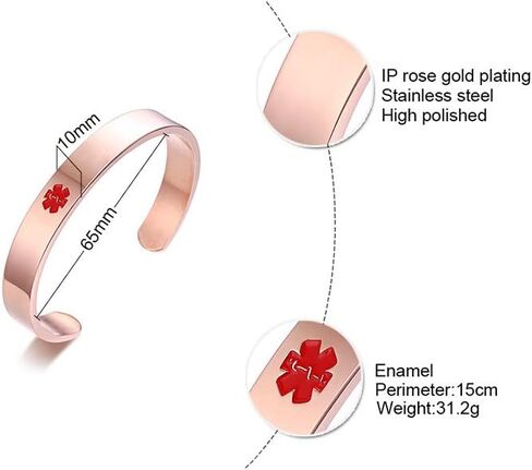 MEALGUET Free Engraving Stainless Steel Cuff Medical Alert ID Bracelet Open Metal Custom Medic Identification Cuffs Bangle for Men Women,7.7-8 Inches in Kuwait