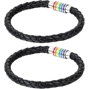 Cupiamtch 2PCS Couple Bracelet Stainless Steel Rainbow Magnetic Clap Braided Leather Bangle for Men Women, 8.7" in Saudi Arabia