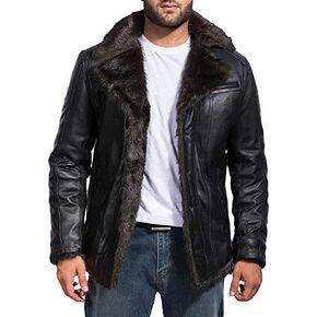 The Jacket Maker Furcliff Men's Black Leather Faux Fur Coat | Sheepskin Black Leather Coat for Men | Men Faux Fur Coat in Kuwait