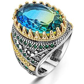 Solid 925 Sterling Silver Tourmaline Stone Turkish Men's Ring with Green Stones in Kuwait