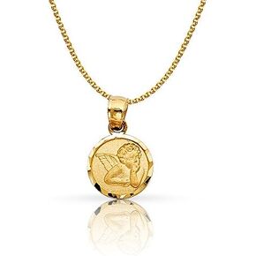 14K Yellow Gold Angel Charm Pendant with 1.2mm Flat Open Wheat Chain Necklace in Kuwait