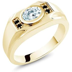 Gem Stone King Men's 18K Yellow Gold Plated Silver Sky Blue Aquamarine and Black Diamond Ring (1.33 Cttw, Gemstone Birthstone, Available In Size 7, 8, 9, 10, 11, 12, 13) in Saudi Arabia