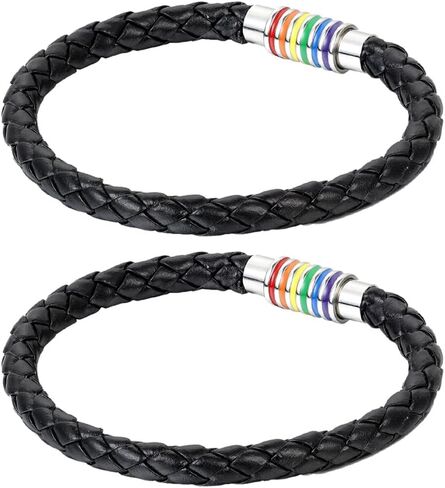 Cupiamtch 2PCS Couple Bracelet Stainless Steel Rainbow Magnetic Clap Braided Leather Bangle for Men Women, 8.7" in Saudi Arabia