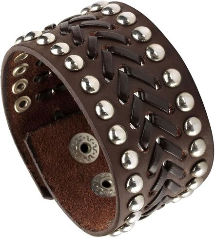 سوار جلدي بحزام عريض من Eigso Vintage Spike Studded Rock Punk Biker سوار معصم بإبزيم على شكل برشام قوطي in Kuwait