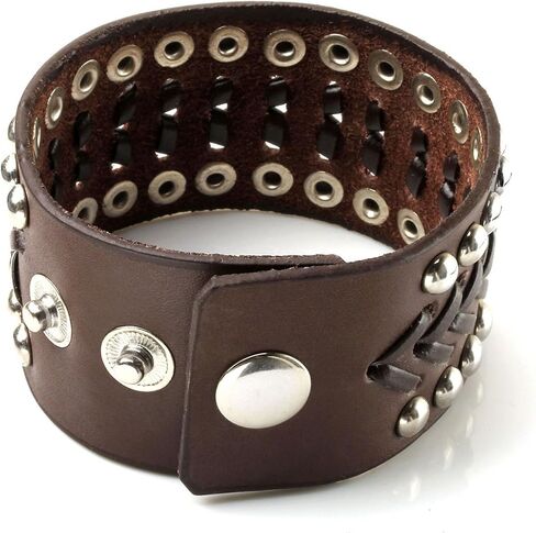سوار جلدي بحزام عريض من Eigso Vintage Spike Studded Rock Punk Biker سوار معصم بإبزيم على شكل برشام قوطي in Kuwait