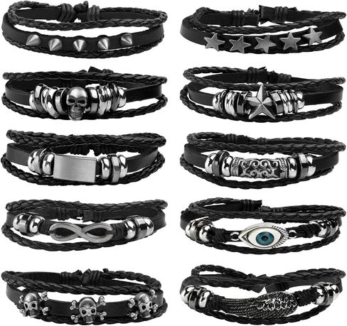 MILAKOO 10 Pcs Braided Leather Bracelets for Men Women Punk Skull Bracelet in Saudi Arabia