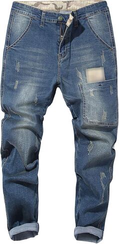 Men's Vintage Ripped Hip Hop Jeans Distressed Side Pocket Stretch Denim Pants Patches Slim Fit Harem Jean Trousers in Kuwait