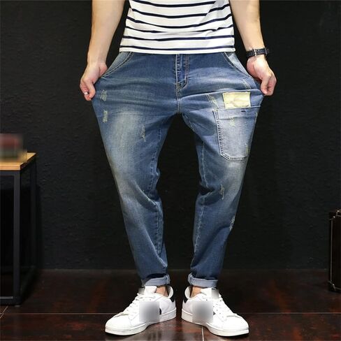 Men's Vintage Ripped Hip Hop Jeans Distressed Side Pocket Stretch Denim Pants Patches Slim Fit Harem Jean Trousers in Kuwait