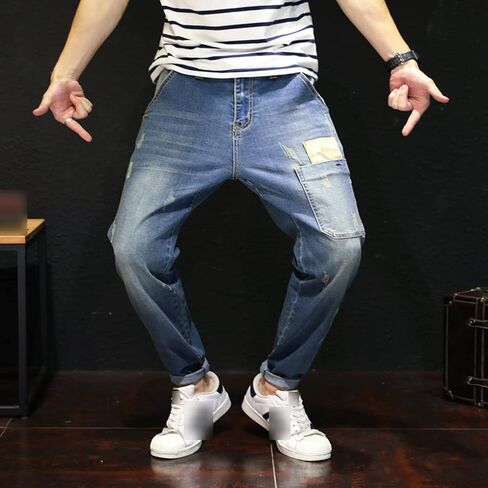 Men's Vintage Ripped Hip Hop Jeans Distressed Side Pocket Stretch Denim Pants Patches Slim Fit Harem Jean Trousers in Kuwait