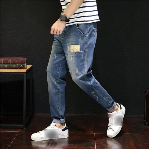 Men's Vintage Ripped Hip Hop Jeans Distressed Side Pocket Stretch Denim Pants Patches Slim Fit Harem Jean Trousers in Kuwait