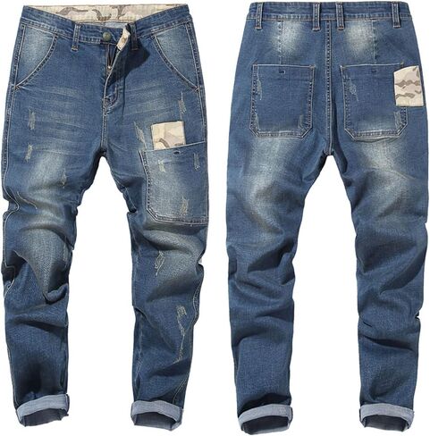 Men's Vintage Ripped Hip Hop Jeans Distressed Side Pocket Stretch Denim Pants Patches Slim Fit Harem Jean Trousers in Kuwait