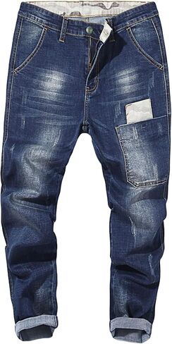 Men's Vintage Ripped Hip Hop Jeans Distressed Side Pocket Stretch Denim Pants Patches Slim Fit Harem Jean Trousers in Kuwait
