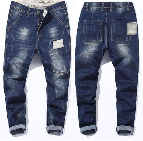 Men's Vintage Ripped Hip Hop Jeans Distressed Side Pocket Stretch Denim Pants Patches Slim Fit Harem Jean Trousers in Kuwait