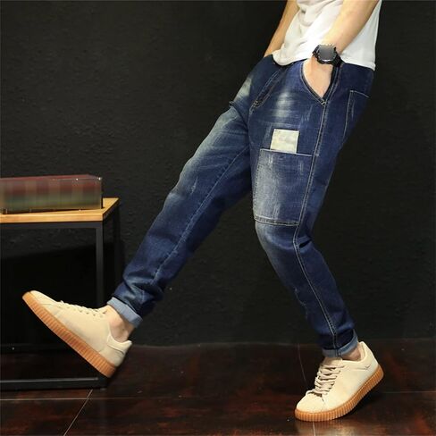 Men's Vintage Ripped Hip Hop Jeans Distressed Side Pocket Stretch Denim Pants Patches Slim Fit Harem Jean Trousers in Kuwait