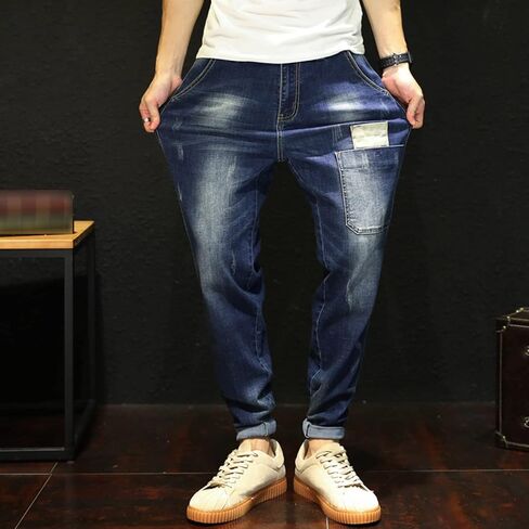 Men's Vintage Ripped Hip Hop Jeans Distressed Side Pocket Stretch Denim Pants Patches Slim Fit Harem Jean Trousers in Kuwait