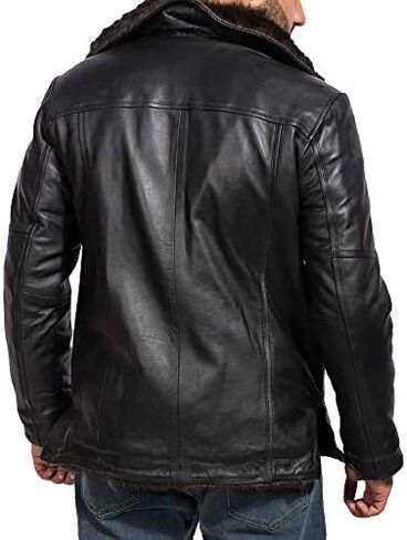 The Jacket Maker Furcliff Men's Black Leather Faux Fur Coat | Sheepskin Black Leather Coat for Men | Men Faux Fur Coat in Kuwait