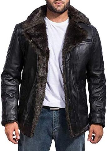 The Jacket Maker Furcliff Men's Black Leather Faux Fur Coat | Sheepskin Black Leather Coat for Men | Men Faux Fur Coat in Kuwait