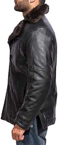 The Jacket Maker Furcliff Men's Black Leather Faux Fur Coat | Sheepskin Black Leather Coat for Men | Men Faux Fur Coat in Kuwait