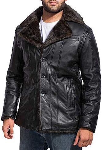 The Jacket Maker Furcliff Men's Black Leather Faux Fur Coat | Sheepskin Black Leather Coat for Men | Men Faux Fur Coat in Kuwait