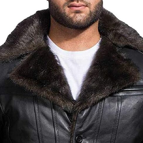 The Jacket Maker Furcliff Men's Black Leather Faux Fur Coat | Sheepskin Black Leather Coat for Men | Men Faux Fur Coat in Kuwait