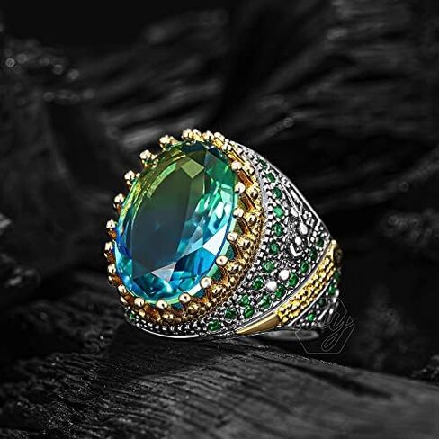 Solid 925 Sterling Silver Tourmaline Stone Turkish Men's Ring with Green Stones in Kuwait