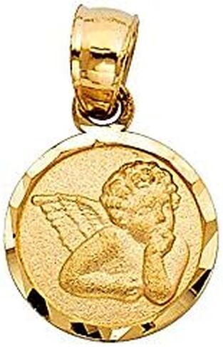 14K Yellow Gold Angel Charm Pendant with 1.2mm Flat Open Wheat Chain Necklace in Saudi Arabia