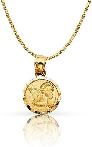14K Yellow Gold Angel Charm Pendant with 1.2mm Flat Open Wheat Chain Necklace in Saudi Arabia