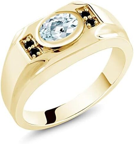 Gem Stone King Men's 18K Yellow Gold Plated Silver Sky Blue Aquamarine and Black Diamond Ring (1.33 Cttw, Gemstone Birthstone, Available In Size 7, 8, 9, 10, 11, 12, 13) in Saudi Arabia