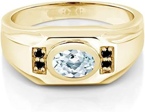 Gem Stone King Men's 18K Yellow Gold Plated Silver Sky Blue Aquamarine and Black Diamond Ring (1.33 Cttw, Gemstone Birthstone, Available In Size 7, 8, 9, 10, 11, 12, 13) in Saudi Arabia