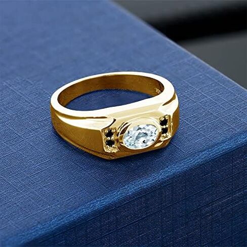 Gem Stone King Men's 18K Yellow Gold Plated Silver Sky Blue Aquamarine and Black Diamond Ring (1.33 Cttw, Gemstone Birthstone, Available In Size 7, 8, 9, 10, 11, 12, 13) in Saudi Arabia