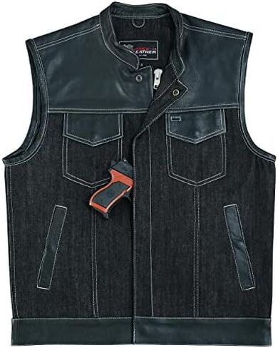 Mens Motorcycle Denim Leather Combo Club Collar Vest with White Stitching Light Weight in Saudi Arabia