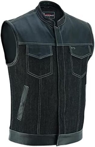 Mens Motorcycle Denim Leather Combo Club Collar Vest with White Stitching Light Weight in Saudi Arabia